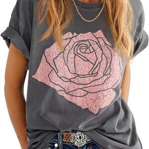 Womens Rose Graphic Tee T Shirt Loose Fit Summer Short Sleeve Casual Boyfriend C